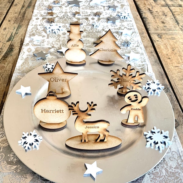 Personalised Christmas Table Place Names, Wooden Place Settings, Freestanding Table decorations Engraved with Names