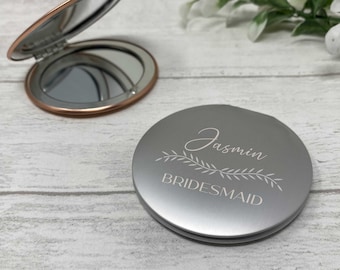 Engraved Custom Name Compact Mirror - Bridesmaid, Maid of Honour, Wedding Gift