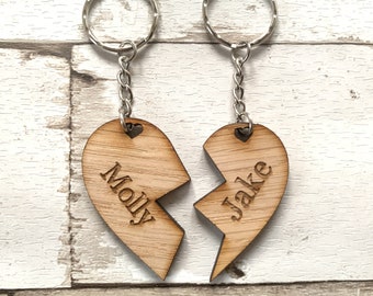Personalised Wooden Heart Keyring With Engraved Names Can be Customised Gift For Him and Her Valentines Gift