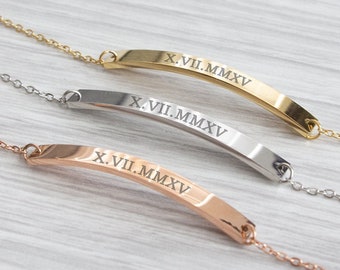 Personalised Bracelet,  Date in Roman Numerals, Bridesmaid Gift, Gifts for Her, Valentine's Gift , Engraved Jewellery