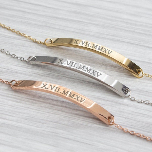 Personalised Bracelet,  Date in Roman Numerals, Bridesmaid Gift, Gifts for Her, Valentine's Gift , Engraved Jewellery