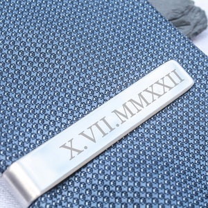 Personalised Tie Clip Roman Numerals and Custom Message Stainless Steel / Gift for Boyfriend or Husband / Valentines Gift / Wedding Tie image 1