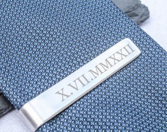 Personalised Tie Clip Roman Numerals and Custom Message - Stainless Steel / Gift for Boyfriend or Husband / Valentines Gift / Wedding Tie