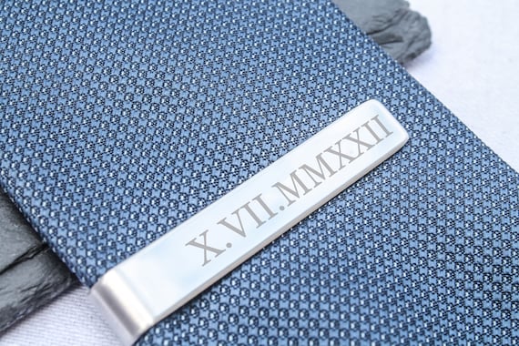 Personalised Tie Clip Roman Numerals and Custom Message 