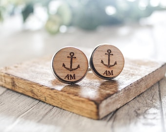 Personalised Wooden Cufflinks Anchor Design Engraved with Initials / Valentines Gift / Birthday Present / Father's Day