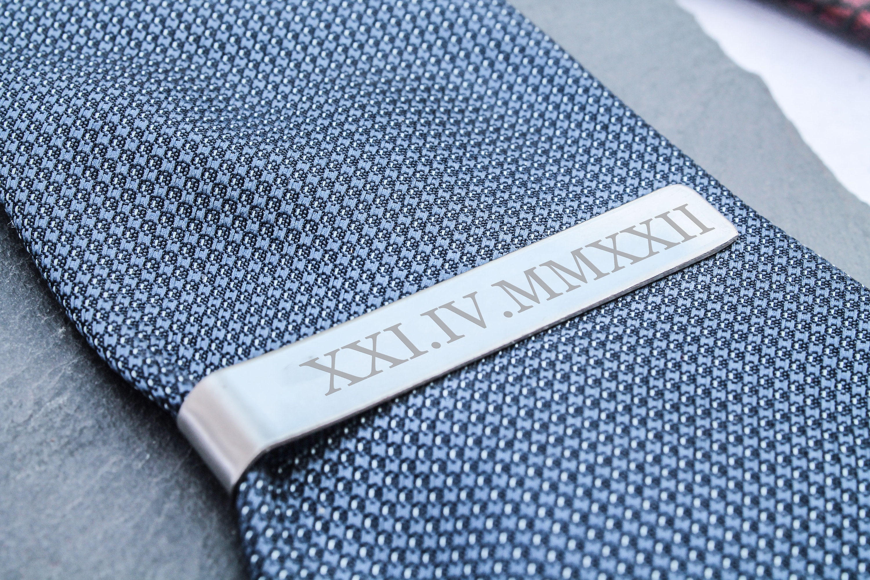 Personalised Tie Clip Roman Numerals and Custom Message 