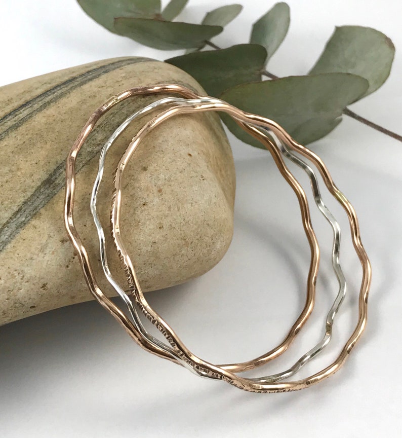 Sterling Silver & Bronze Wavy Bangles Set Hammered Bangles Etsy UK