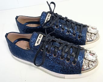 MIU MIU Blue Glitter Crystal Toe Sneakers sz 37-1/2