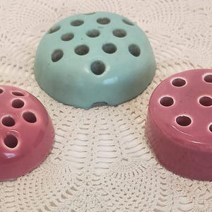 3 Pottery Flower Frogs Weller, Japan Pink & Turquoise