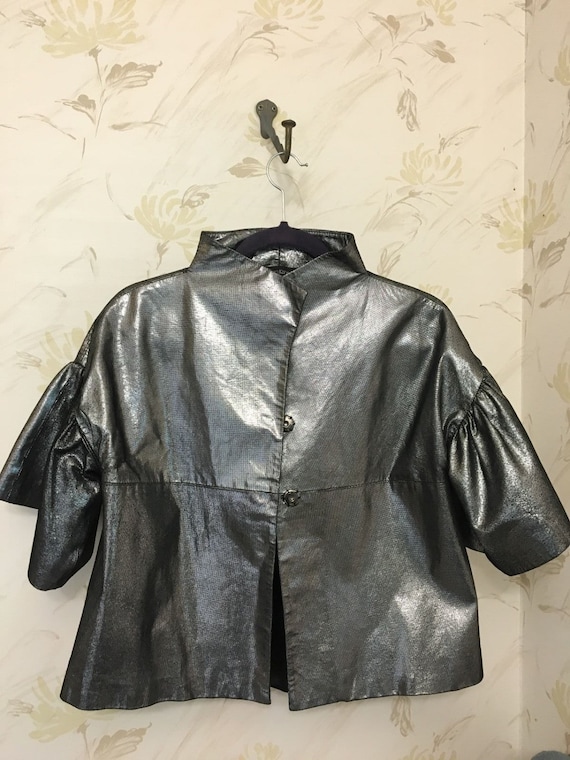 Karen Kane Silver Leather Cropped Swing Jacket Wit