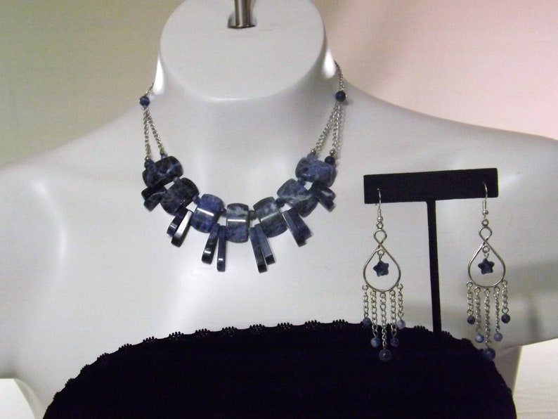 Blue Stone Sodalite Collar Necklaces and Chandelier Earrings