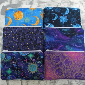 Trousse de maquillage céleste, petite trousse à maquillage étoiles lune soleil, porte-monnaie galaxie métallique, pochette zippée