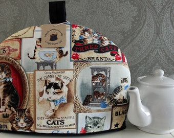 Cat design insulated tea cosy, retro old advertisement cat labels