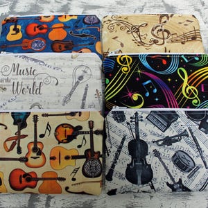Trousse de maquillage sur le thème de la musique, petite trousse à maquillage, guitares country, instruments d'orchestre, porte-monnaie notes de musique, pochette zippée