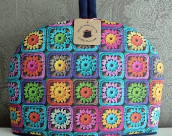 Handmade Tea Cosy: Granny Square Print Cotton Tea Pot Cover