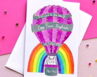 Hot air balloon rainbow baby girl card