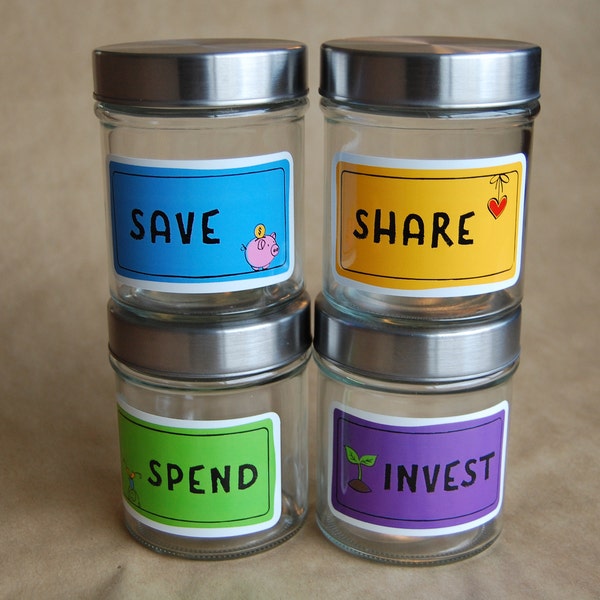 Kids Money Bank Labels, Save, Share, Spend, Invest, Piggy Bank Jars, Educational Gift
