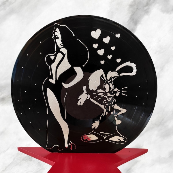 Porte bijoux, présentoir organisateur en disque vinyle Jessica et Roger Rabbit, Qui veut la peau de Roger Rabbit.