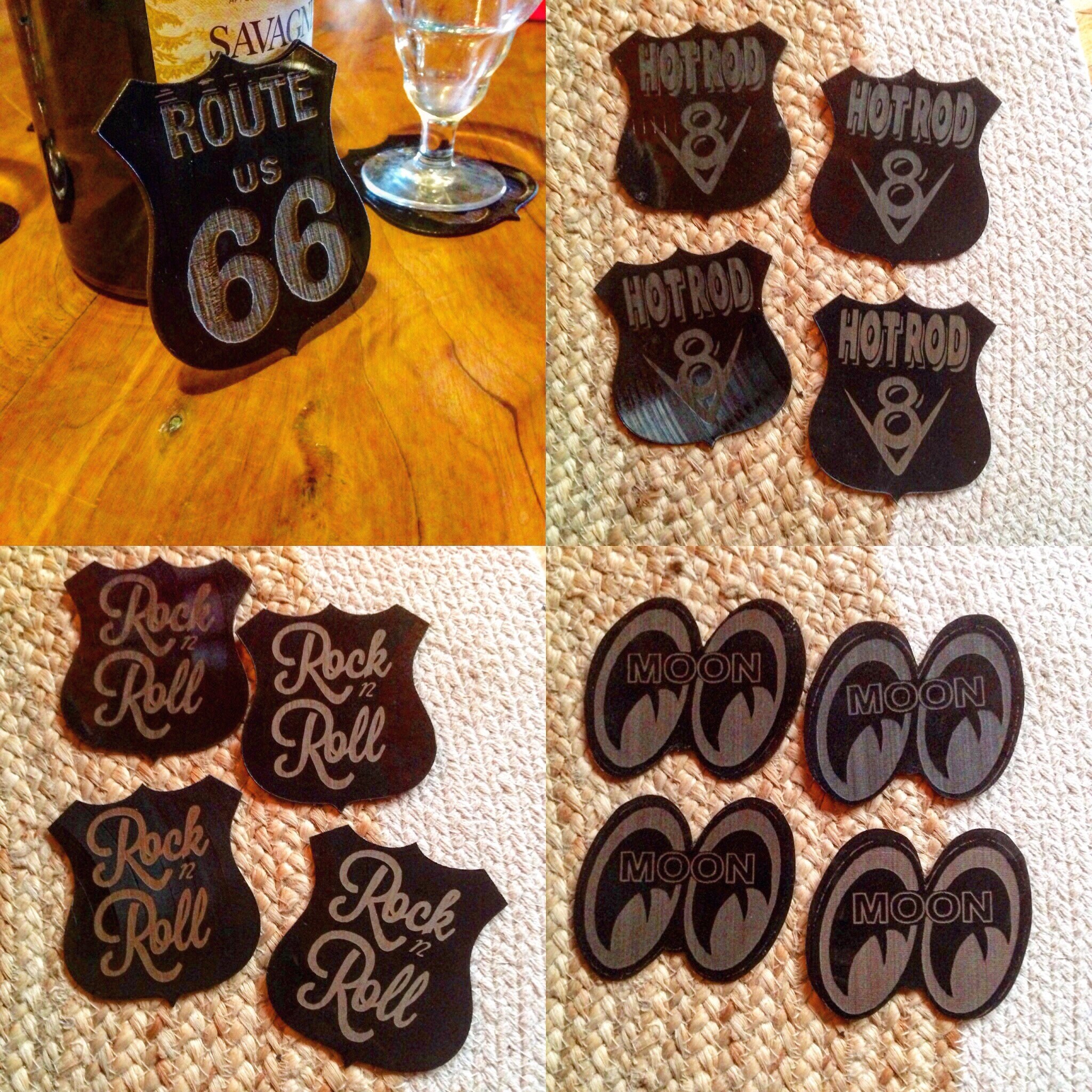 Dessous de Verre, Sous Bocks en Disque Vinyle Recyclé, Découpé et Gravé, Hot Rod, Custom, Dragster,