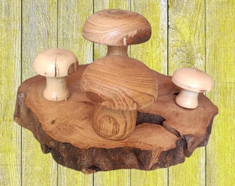 Plateau de décoration, champignons en bois tourné