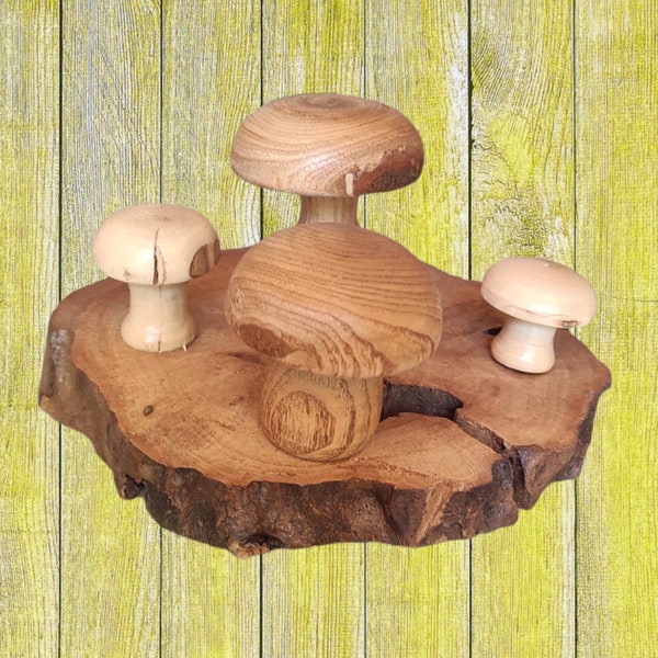 Plateau de décoration, champignons en bois tourné