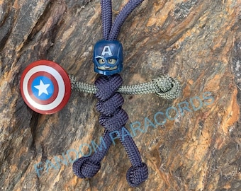 Llavero de paracord de CAPITÁN AMÉRICA, llavero de uso diario, llavero de los Vengadores de Marvel, llavero de compañero motero, minifigura de Lego, tirador de cremallera