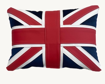 Handmade Union Jack Pillow: Navy Velvet with Red & White Leather