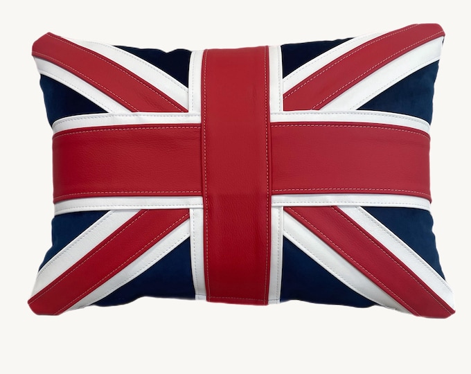 Handmade Union Jack Pillow: Navy Velvet with Red & White Leather