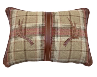 The Tartan and leather stag antler cushion