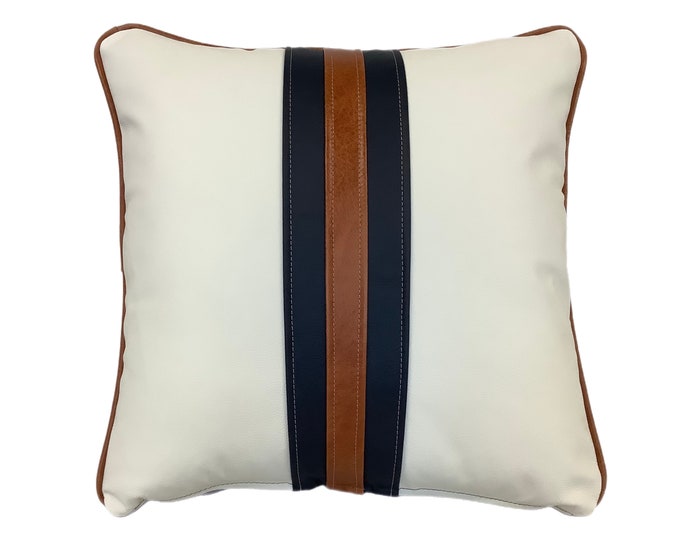 The White and tan leather twin striped cushion