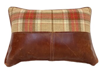 The Tartan wool and leather panelled cushion