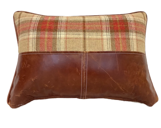 The Tartan wool and leather panelled cushion