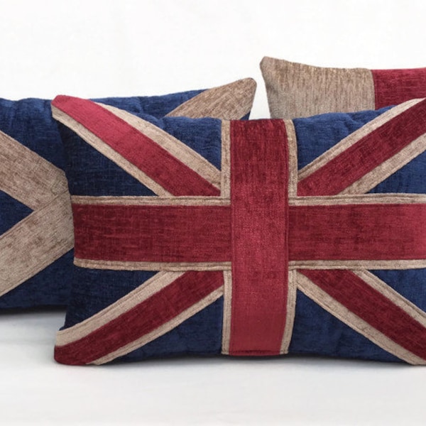 Eine Sammlung von Vintage Union Kissen. Union Jack, George Cross, Flagge von Schottland