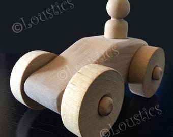 Voiture en bois (bois non traité) avec bonhomme pour jeunes enfants, jouet à pousser