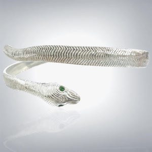 Handmade Sterling Silver Snake Cuff with Emerald Eyes – 14k Gold-Plated Option – Adjustable Artisan Bracelet – Great Gift for Mom