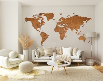 Wooden world map, country names engraved.