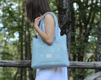 Shoulder felt bag with zipper, zip top bags, light blue shopper bag woman, laptop bag with zip, shopping bag with long handles, handbag