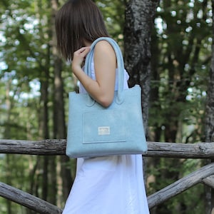 Shoulder felt bag with zipper, zip top bags, light blue shopper bag woman, laptop bag with zip, shopping bag with long handles, handbag