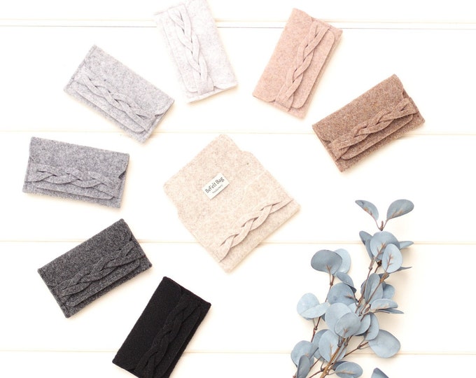 Wool felt credit card holder women grey, personalized small wallet for women monogram visit card holder with braid, gift for bridesmaid