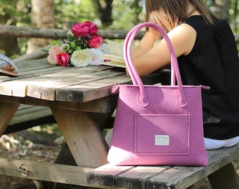 Vilten tas, cyclamen violet wol vilten tas, rits top tas, lila lichte tote vrouw, laptop tas handvatten, dagelijkse handtas shopper, grote boodschappen