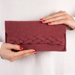 Felt long wallet woman in blush felt with braid, wool rosewood handbag clutch purse, slim bifold wallet, credit card holder mother gift idea
