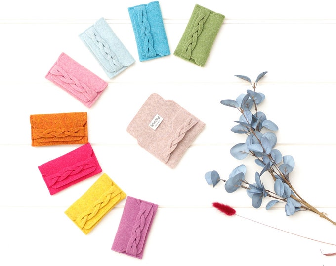 Credit card holder women, personalized small wallet for women monogram visit card holder in felt with braid, gift for bridesmaid