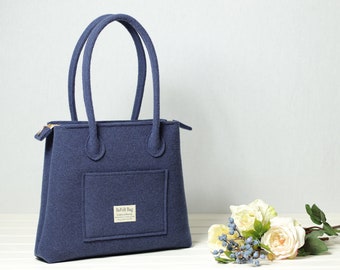 Casual bag with long handles, blue wool felt bag, indigo shopping bag, zip top bag, laptop handbag, everyday shoulder shopper, tote bag