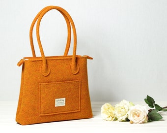 Casual shoulder felt bag, burnt orange bag woman, laptop bag with handles, everyday handbag, large shopping bag with zip, handmade shopper