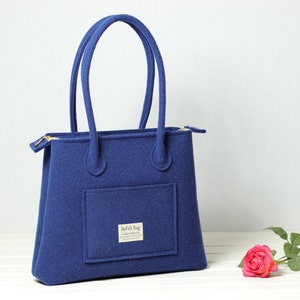 Casual shoulder felt bag, light blue bag woman, laptop tote with zip, long handles, everyday handbag, shopper, large shopping bag, handmade