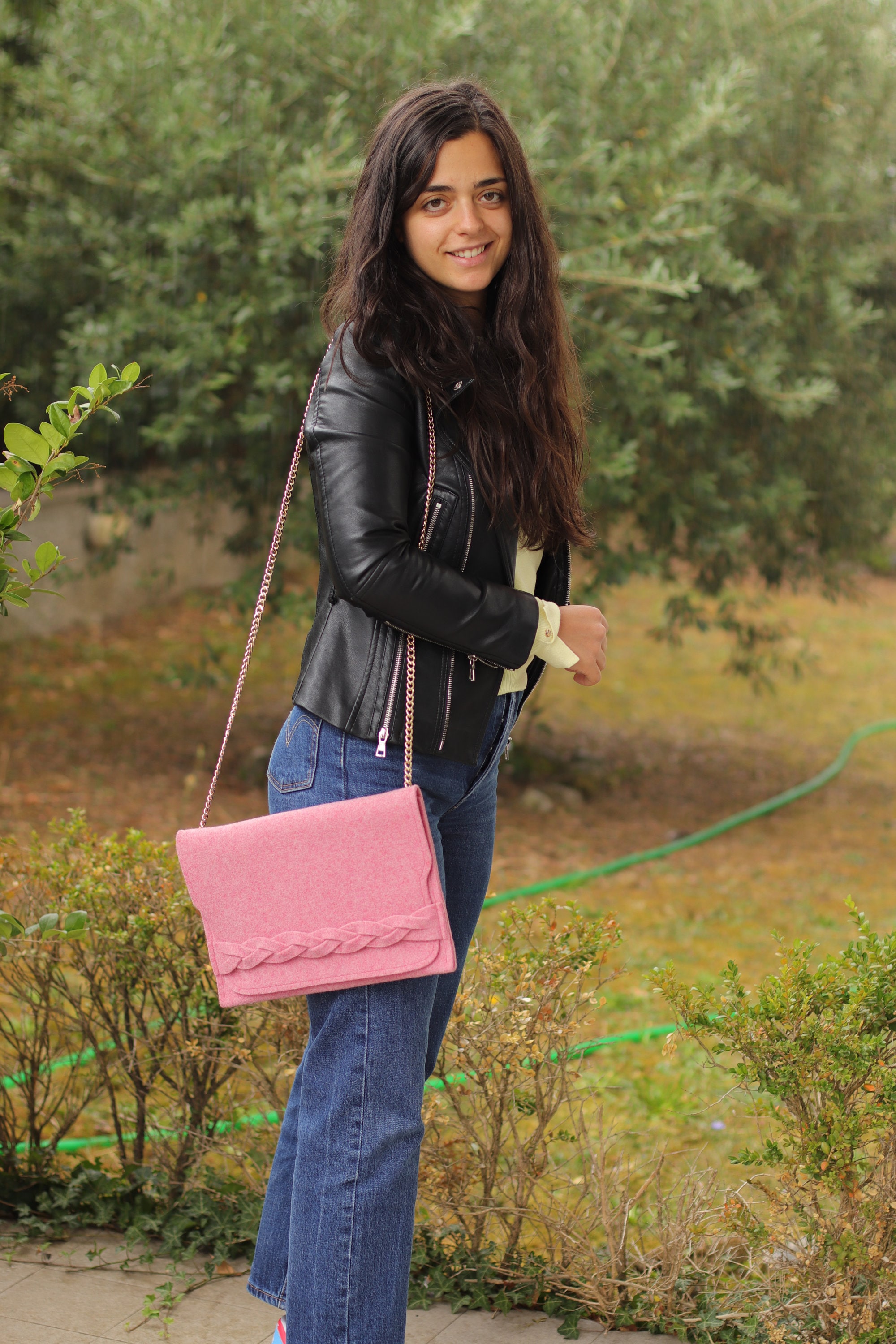 Red 100% Merino Wool Felt Cross-body Purse Bag With Chain for 