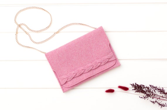 Crossbody bag with chain strap pink felt bag purse small shoulder bag in wool felt chained wallet wool pink clutch with braid