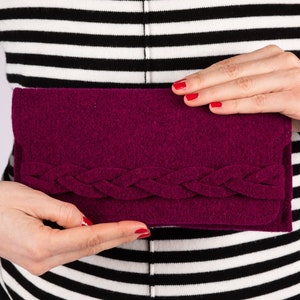 Felt long wallet woman purple with braid, wool plum violet handbag clutch purse, slim bifold wallet, credit card holder, mother gift idea