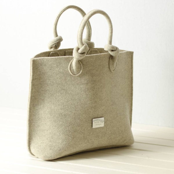 Beige Schultertasche, Filz große Wolle Handtasche, hellbraune Einkaufstasche, Tote Weekender, Laptoptasche, weiß großer Shopper mit Griffen Knoten