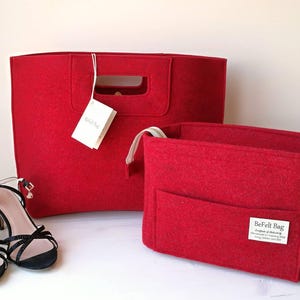 Bolsa vermelha casual elegante, bolsa de feltro, bolsa de lã, bolsa de mão, bolsa italiana, shopper, sacola de compras + organizador, bolsa vermelha na bolsa, inserção de bolsa de feltro BeFelt